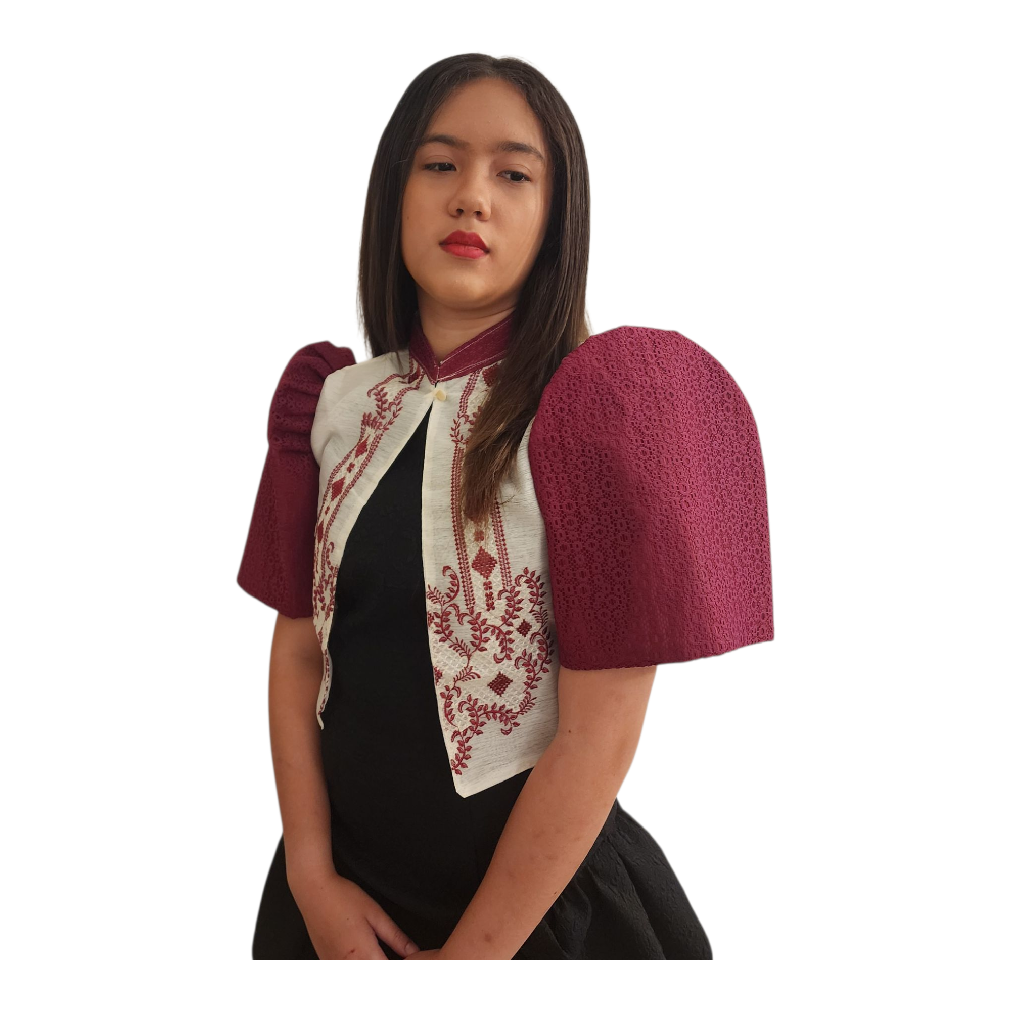 Filipiniana Bolero Top with Burgundy Floral Embroidery