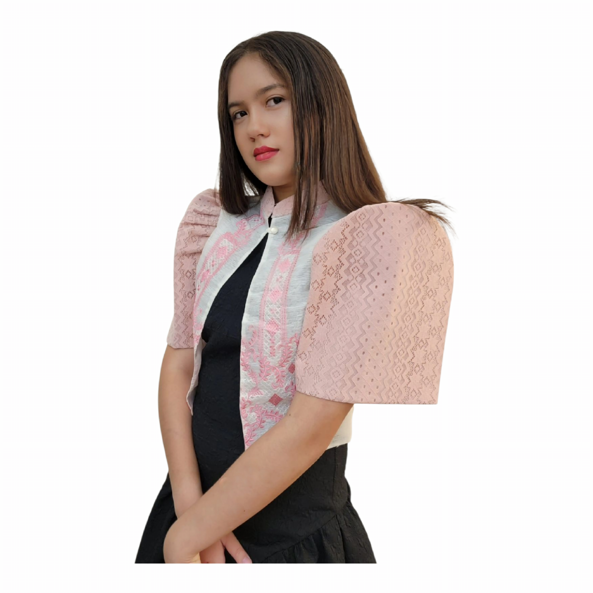 Filipiniana Bolero Top with Pink Floral Embroidery