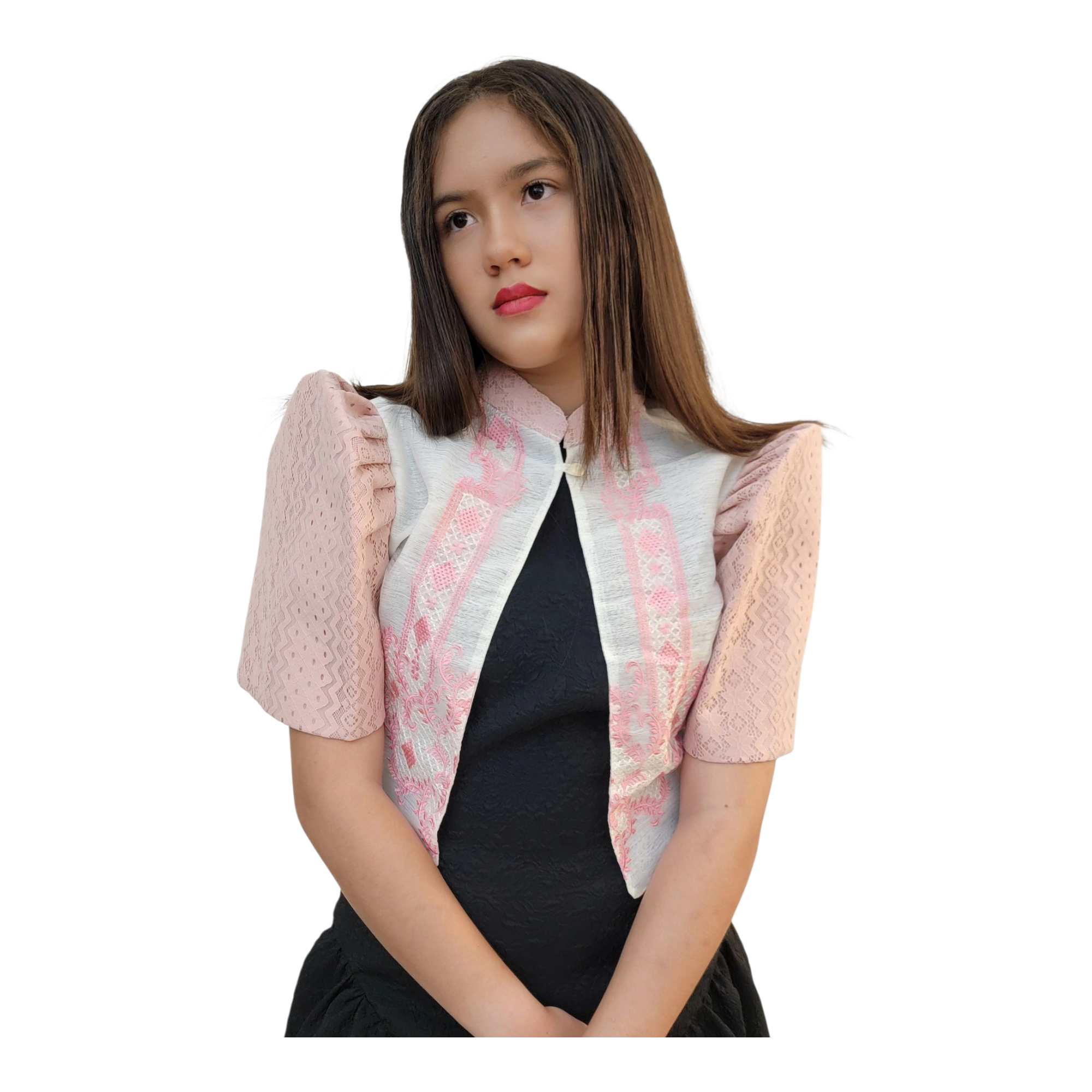 Filipiniana Bolero Top with Pink Floral Embroidery
