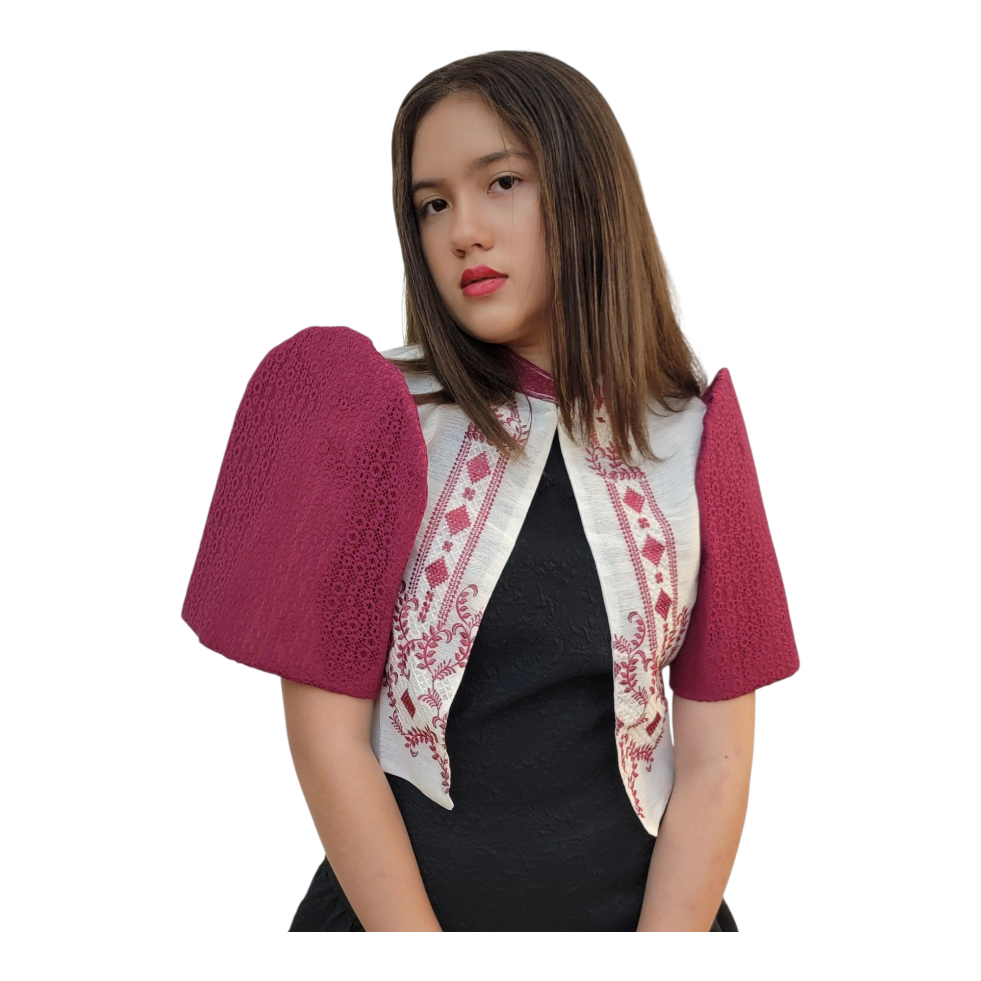 Filipiniana Bolero Top with Burgundy Floral Embroidery