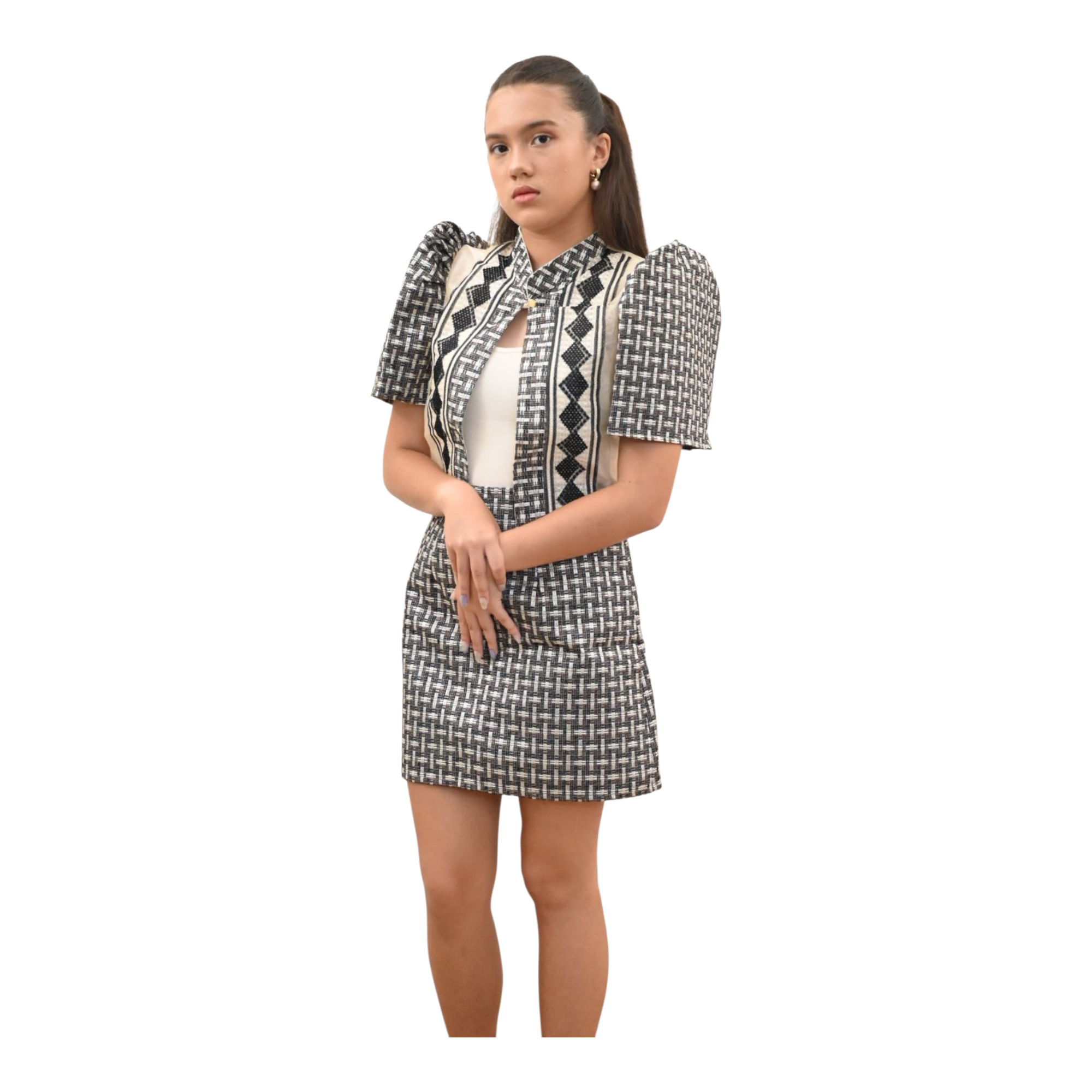 Jazzy Filipiniana Two-Piece Set, Short Sleeves Bolero with matching Skirt