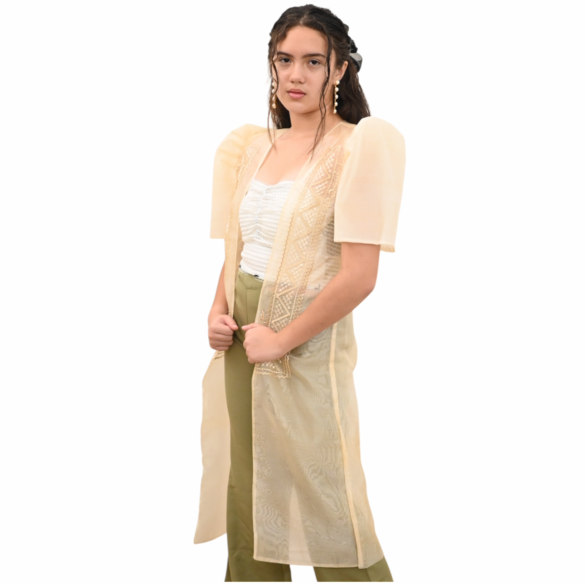 Sugar Filipiniana Long Blazer with Embroidered Trim, Short Sleeve Open Front Cardigan