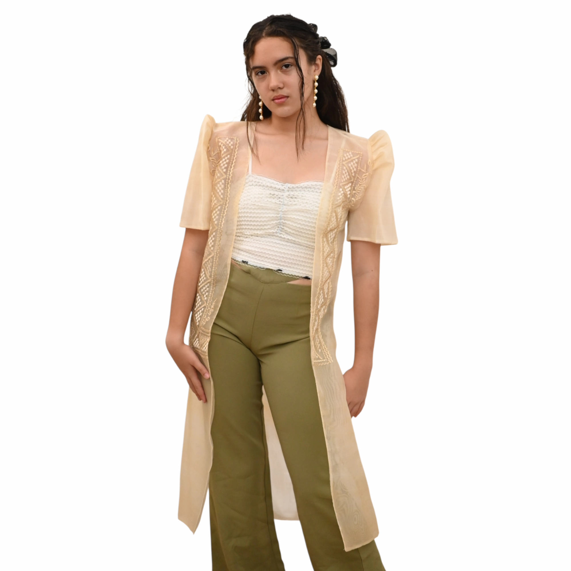 Sugar Filipiniana Long Blazer with Embroidered Trim, Short Sleeve Open Front Cardigan