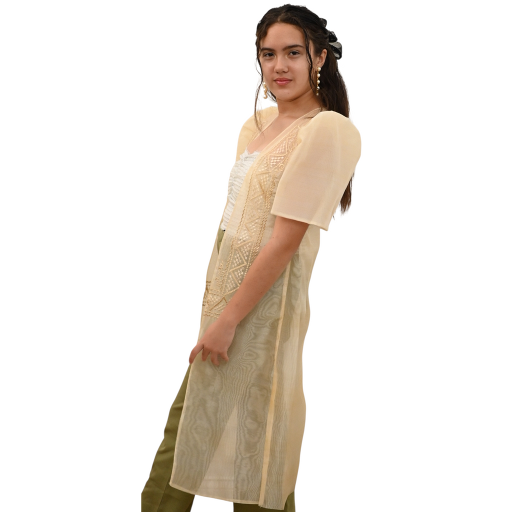Sugar Filipiniana Long Blazer with Embroidered Trim, Short Sleeve Open Front Cardigan
