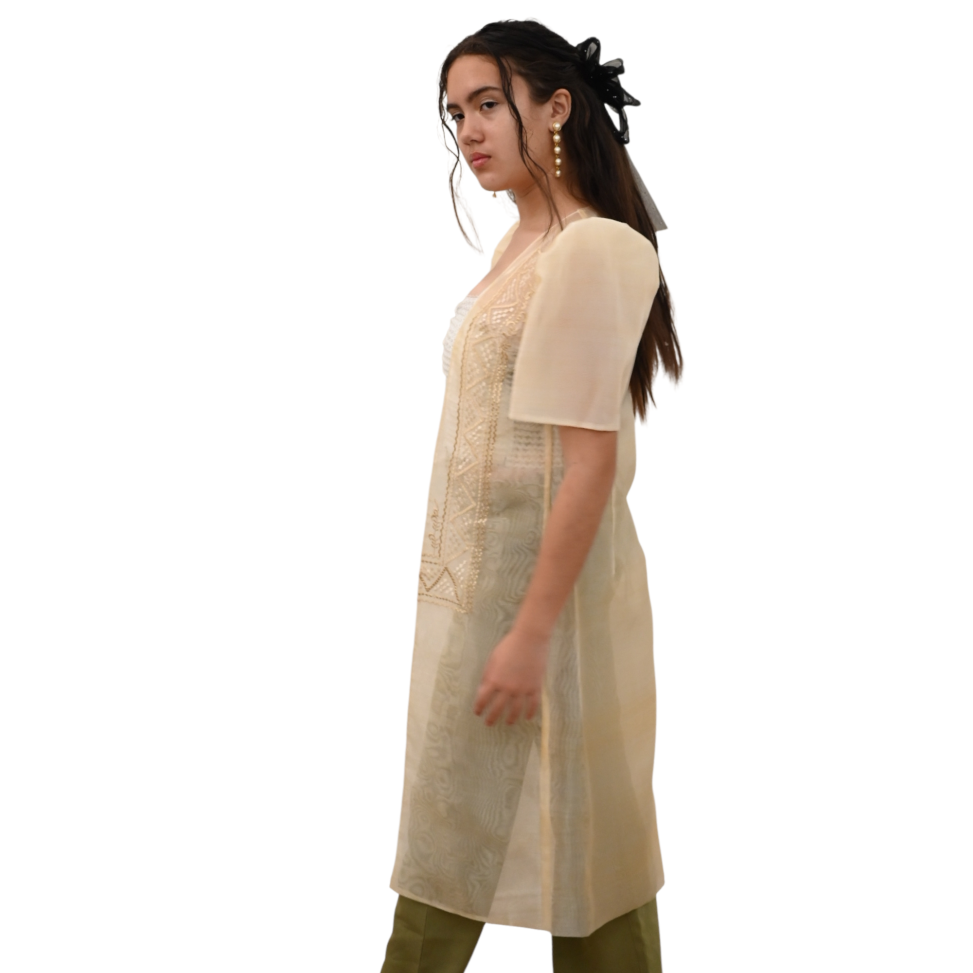 Sugar Filipiniana Long Blazer with Embroidered Trim, Short Sleeve Open Front Cardigan