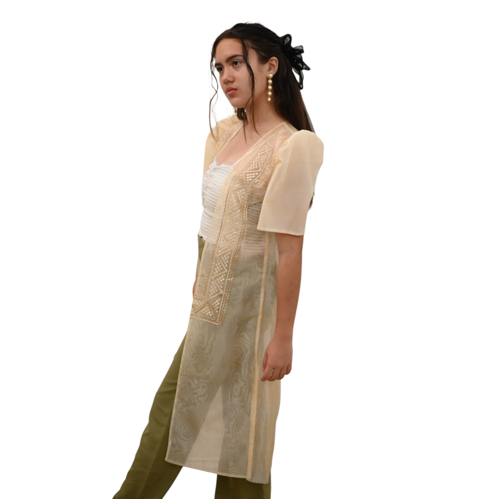 Sugar Filipiniana Long Blazer with Embroidered Trim, Short Sleeve Open Front Cardigan