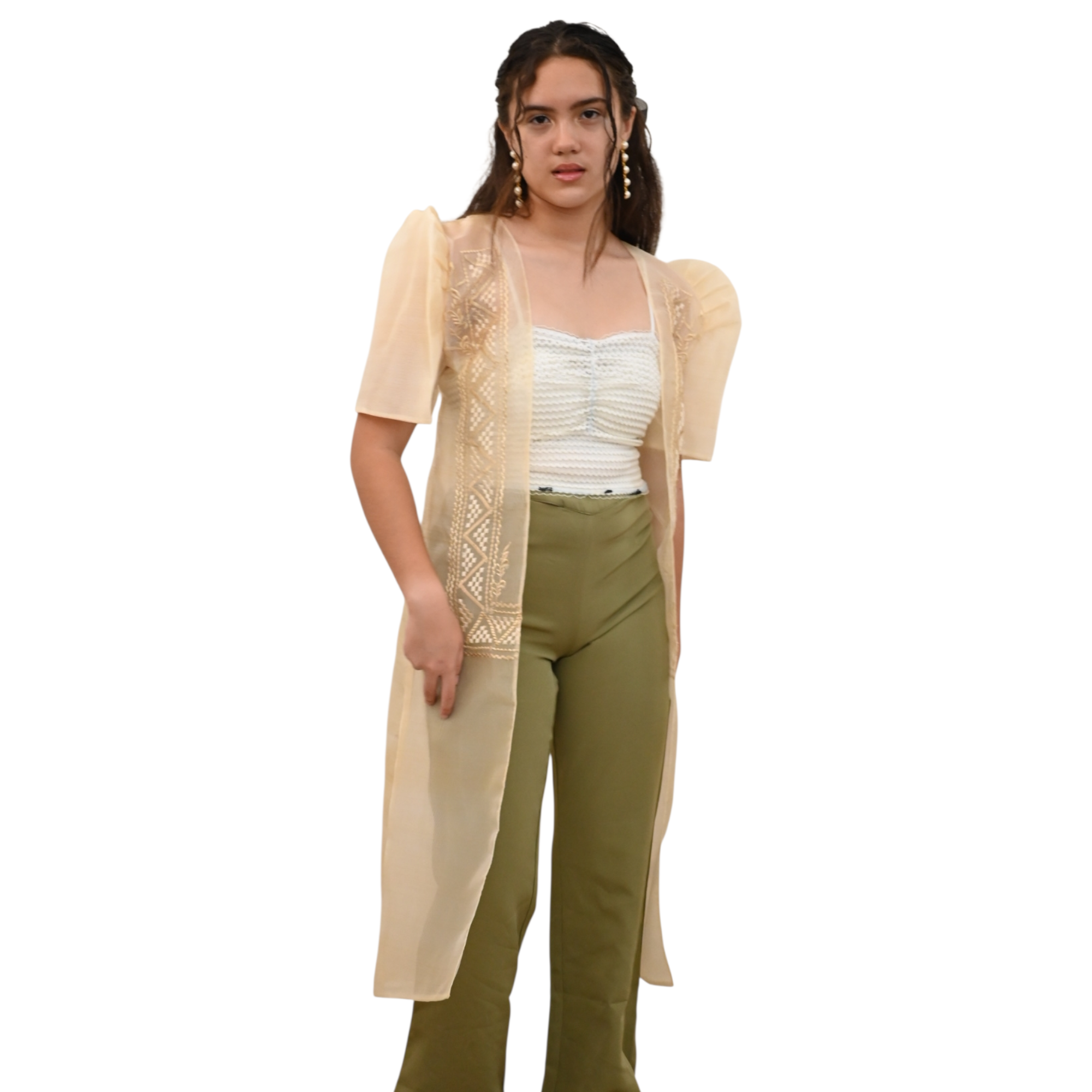 Sugar Filipiniana Long Blazer with Embroidered Trim, Short Sleeve Open Front Cardigan