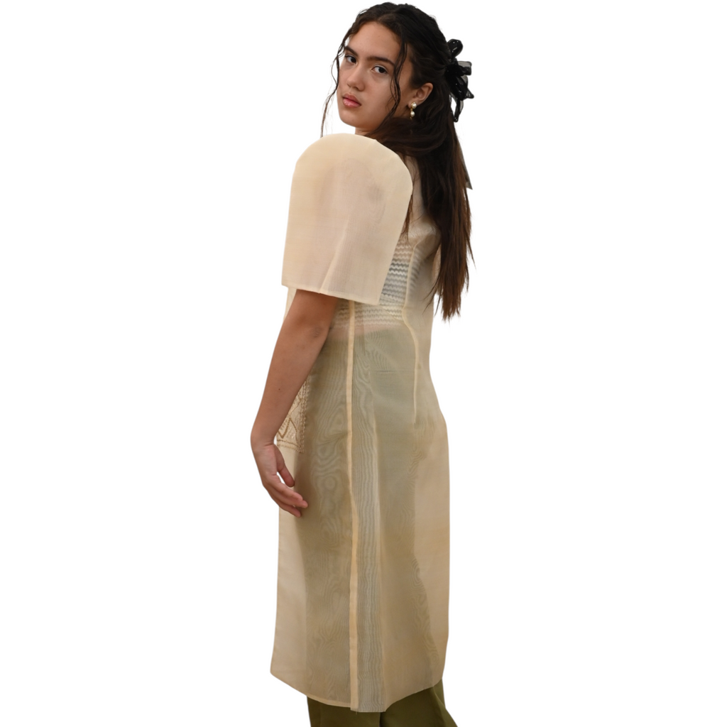 Sugar Filipiniana Long Blazer with Embroidered Trim, Short Sleeve Open Front Cardigan