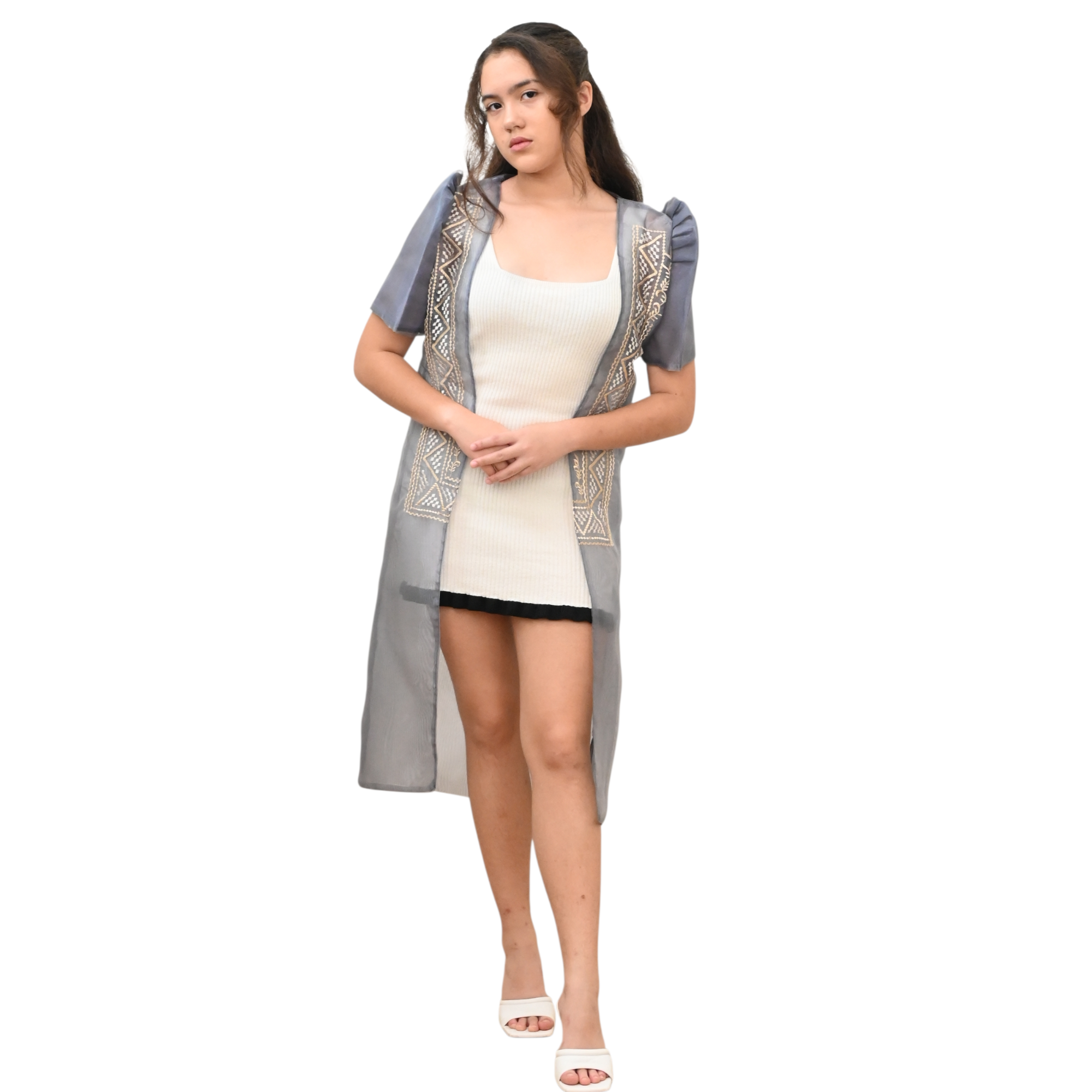 Sugar Filipiniana Long Blazer with Embroidered Trim, Short Sleeve Open Front Cardigan