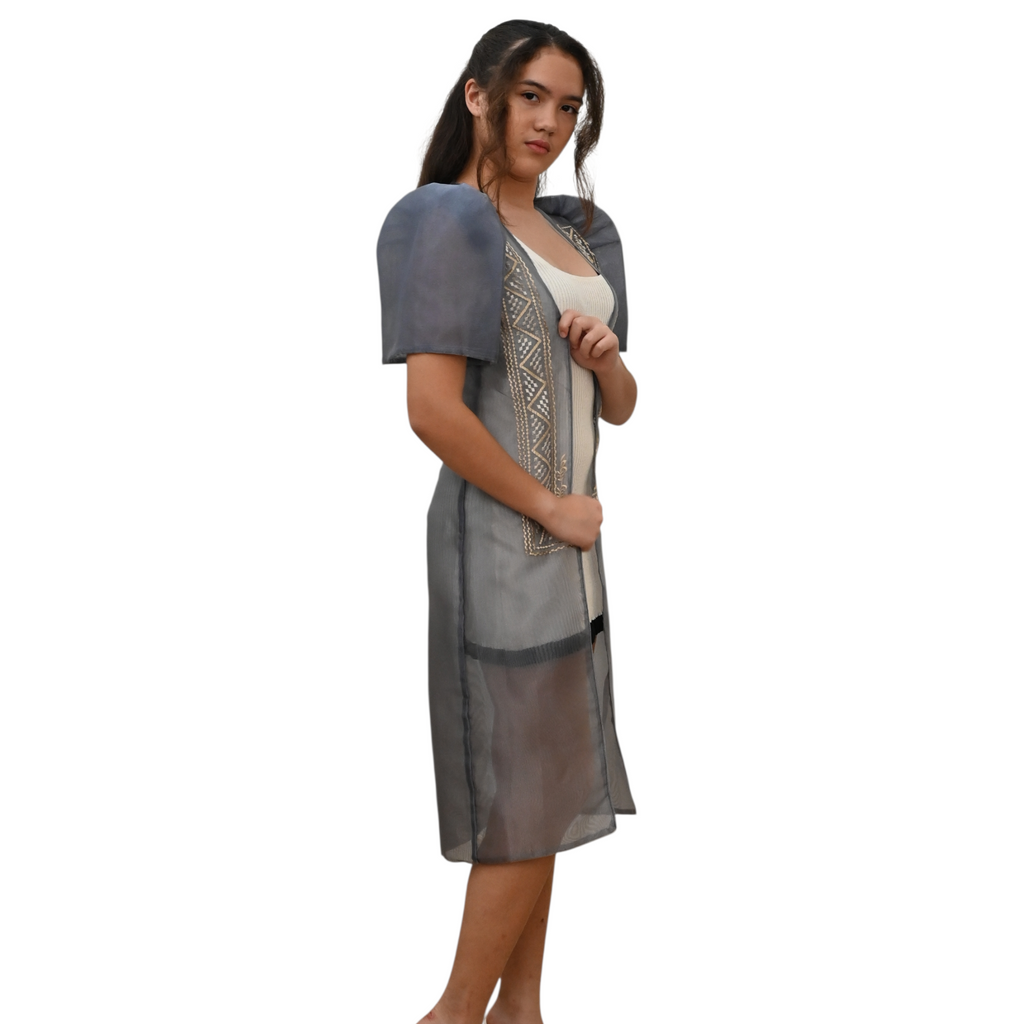 Sugar Filipiniana Long Blazer with Embroidered Trim, Short Sleeve Open Front Cardigan