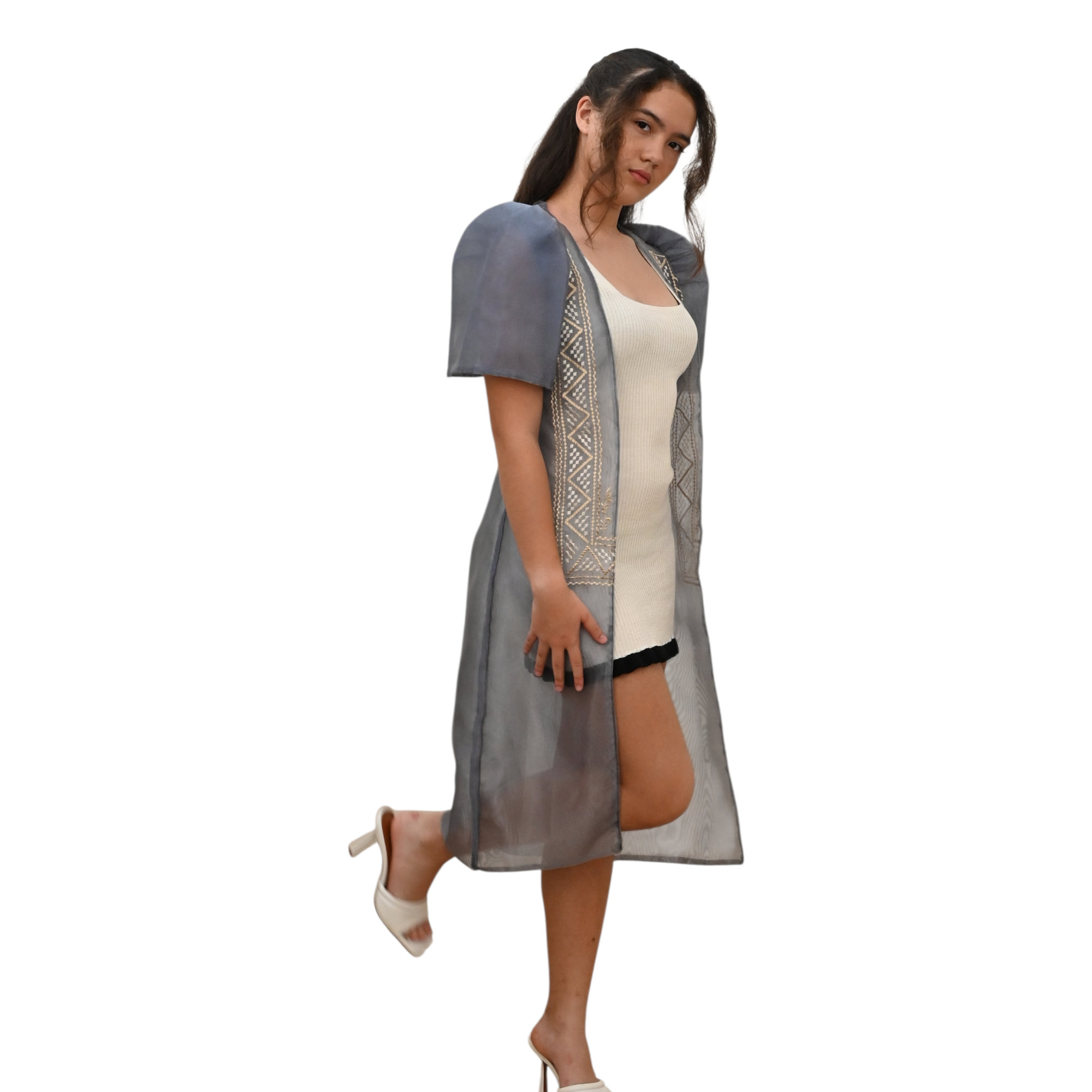 Sugar Filipiniana Long Blazer with Embroidered Trim, Short Sleeve Open Front Cardigan