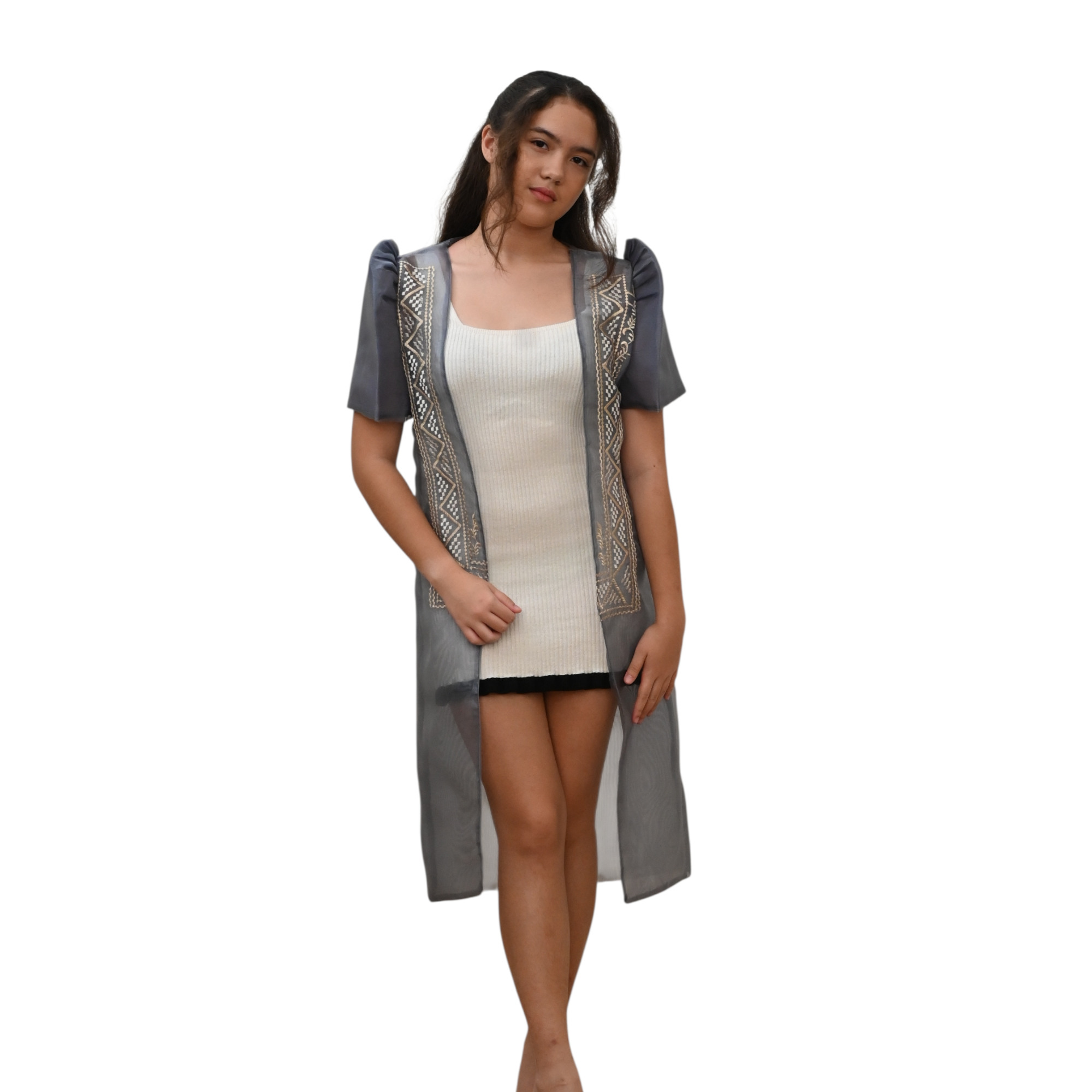 Sugar Filipiniana Long Blazer with Embroidered Trim, Short Sleeve Open Front Cardigan
