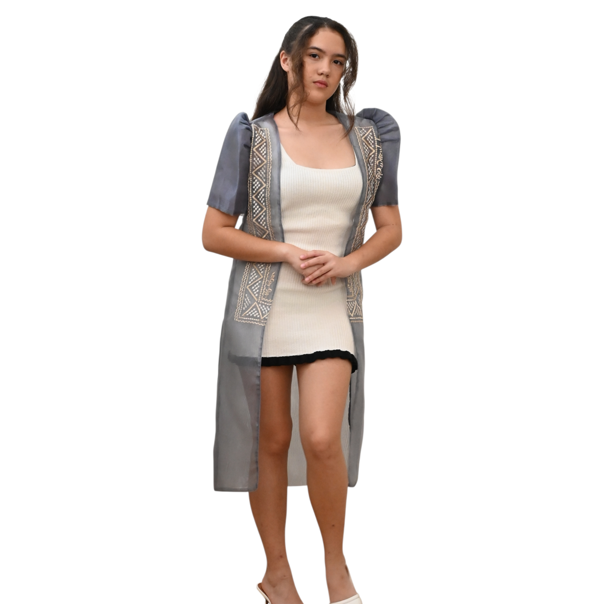 Sugar Filipiniana Long Blazer with Embroidered Trim, Short Sleeve Open Front Cardigan