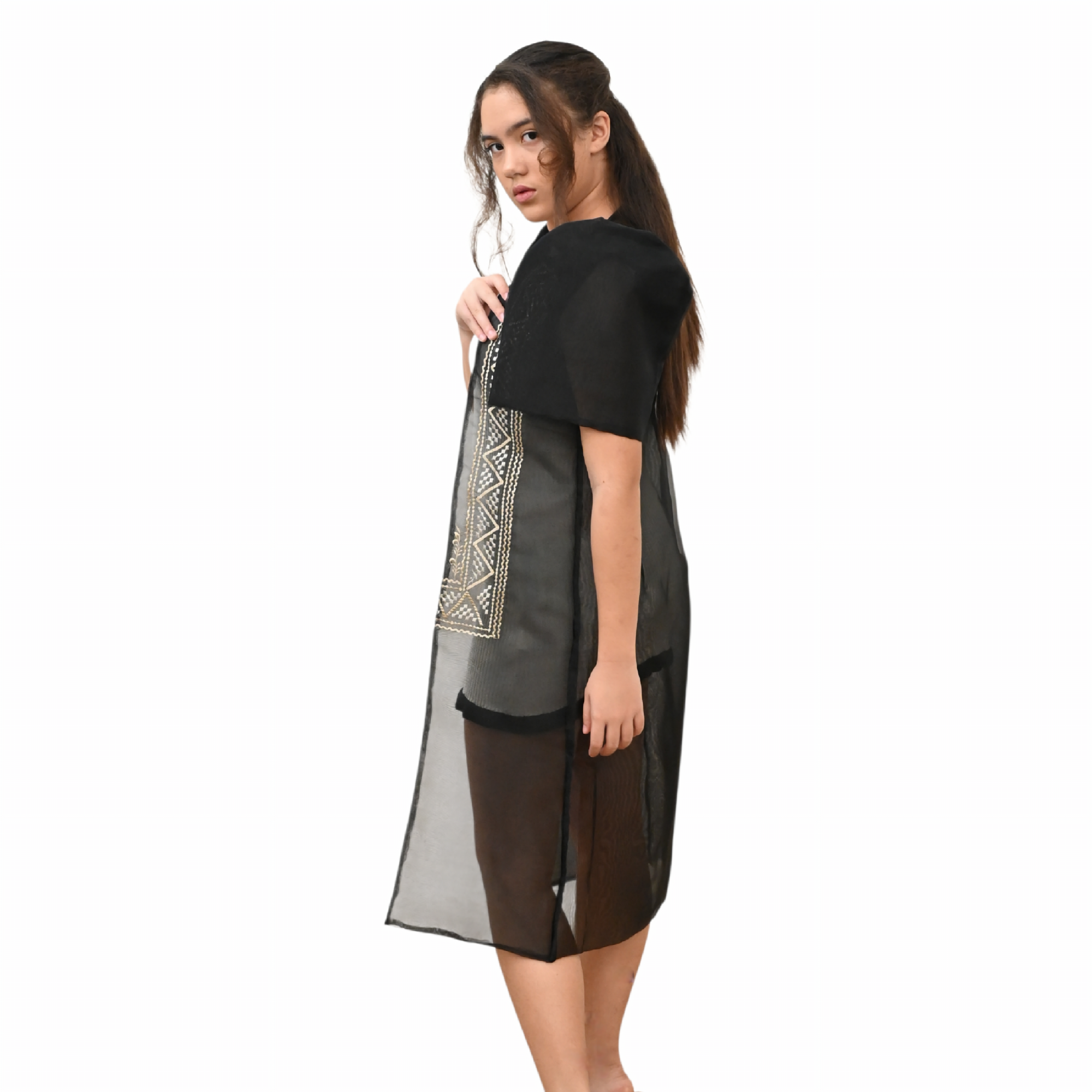Sugar Filipiniana Long Blazer with Embroidered Trim, Short Sleeve Open Front Cardigan