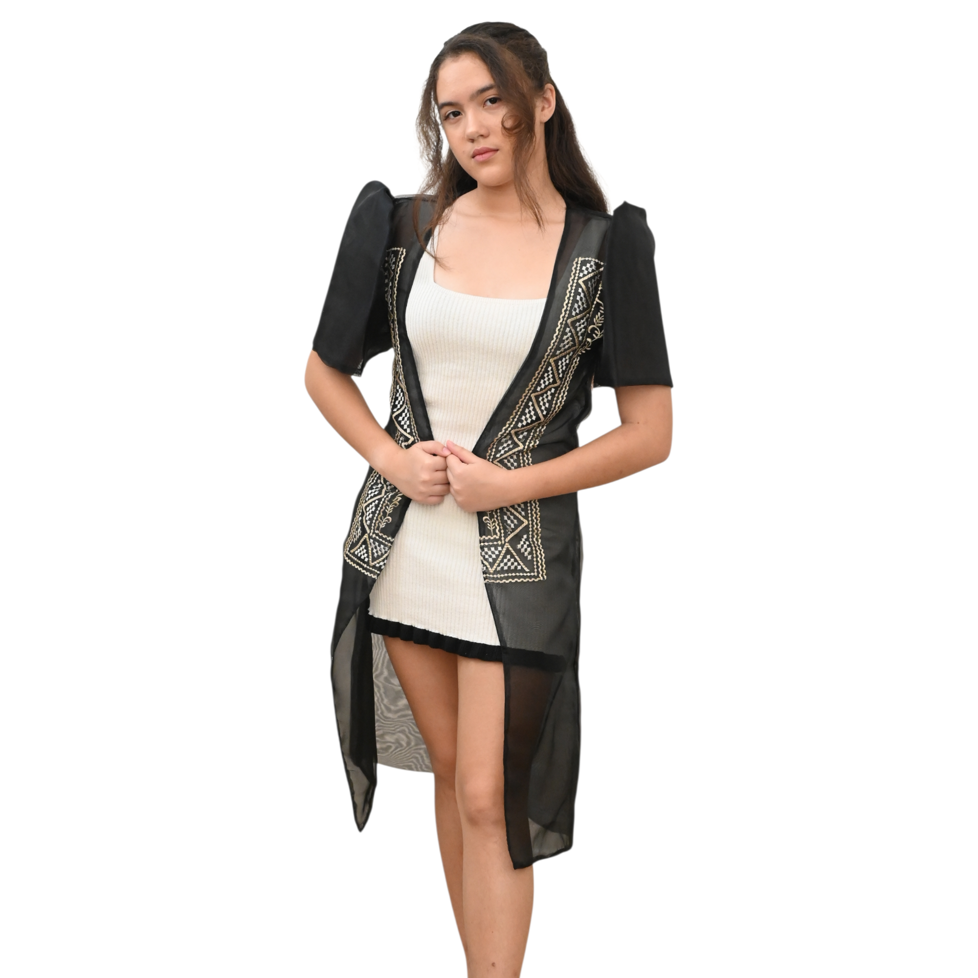 Sugar Filipiniana Long Blazer with Embroidered Trim, Short Sleeve Open Front Cardigan