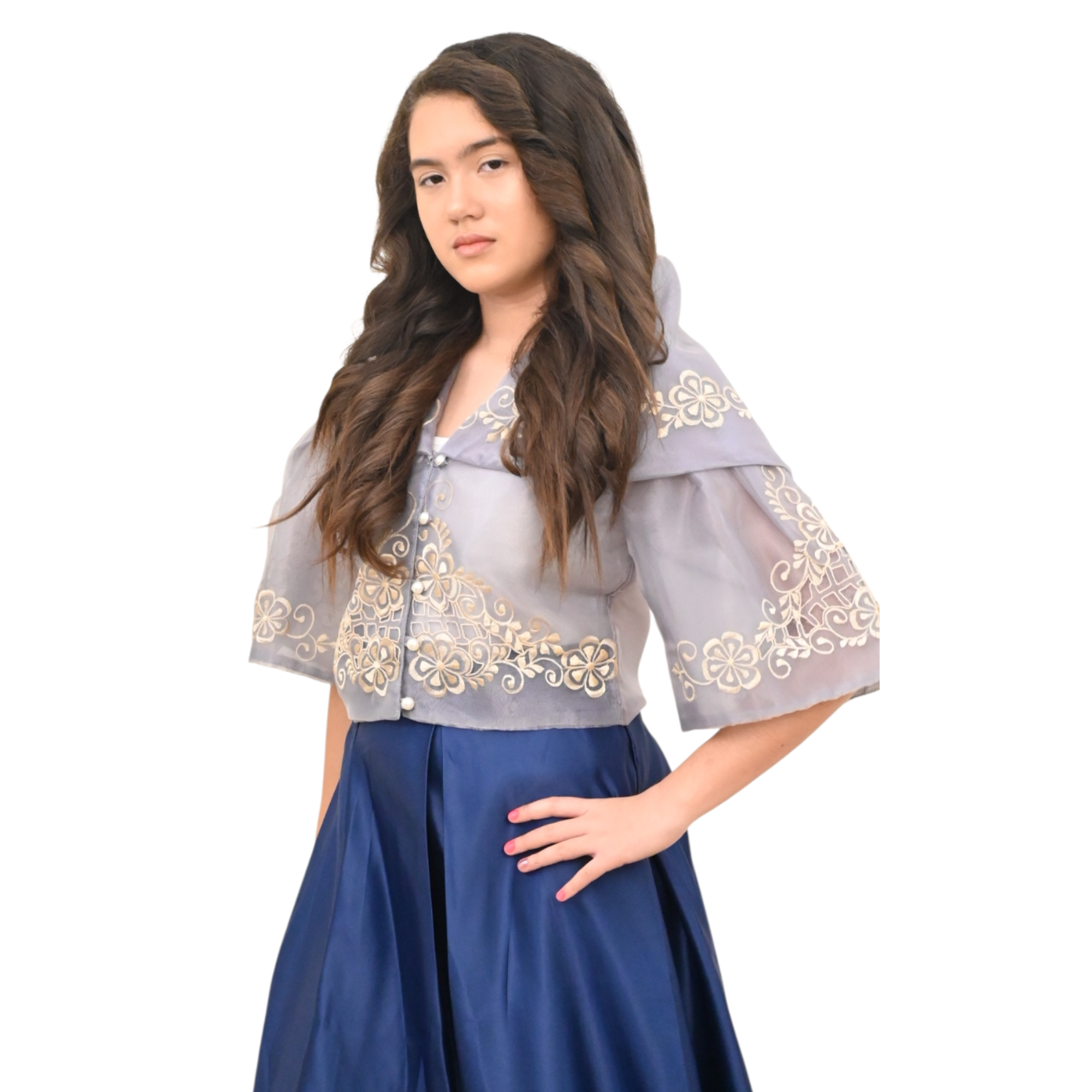Maria Clara Filipiniana Traditional Embroidered Blouse, Grey, Button Front