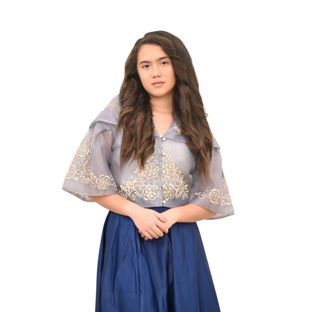 Maria Clara Filipiniana Traditional Embroidered Blouse, Grey, Button Front