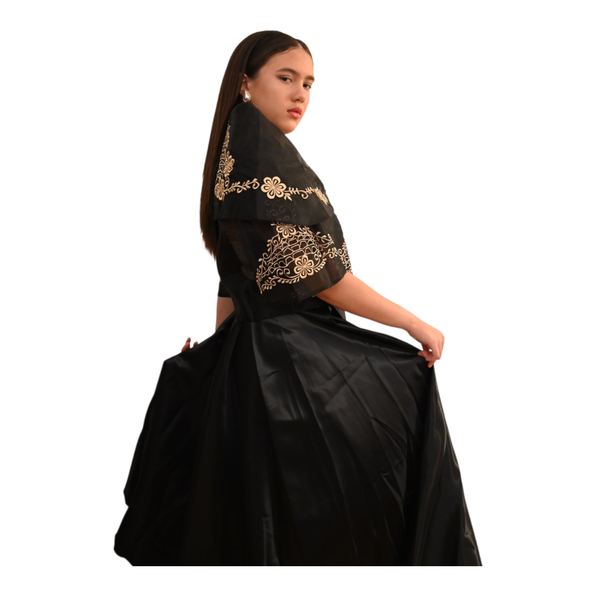 Traditional Maria Clara Filipiniana Alampay Top with Floral Embroidery, 3/4 Sleeve