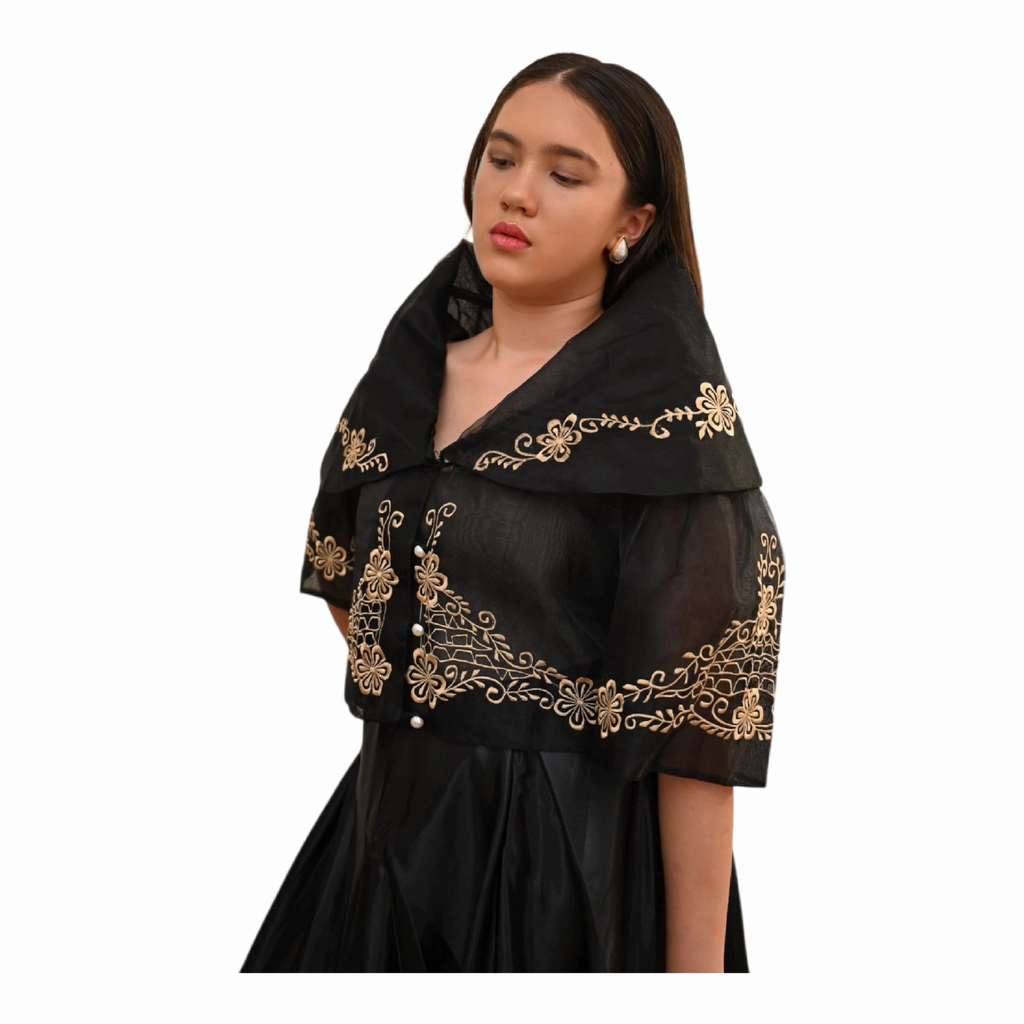Traditional Maria Clara Filipiniana Alampay Top with Floral Embroidery, 3/4 Sleeve