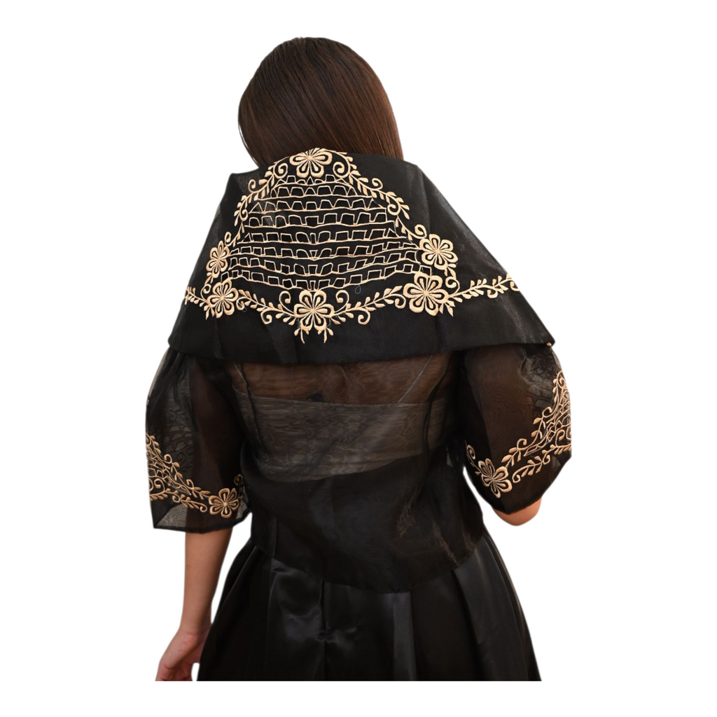 Traditional Maria Clara Filipiniana Alampay Top with Floral Embroidery, 3/4 Sleeve